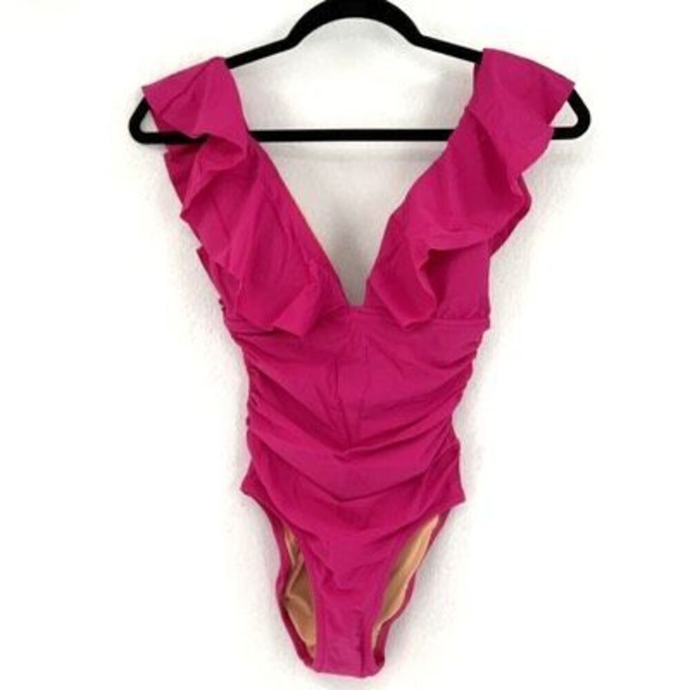 J. Crew Ruched Ruffle One Piece Swimsuit In Radiant Fuchsia Size 8 - Picture 2 of 5